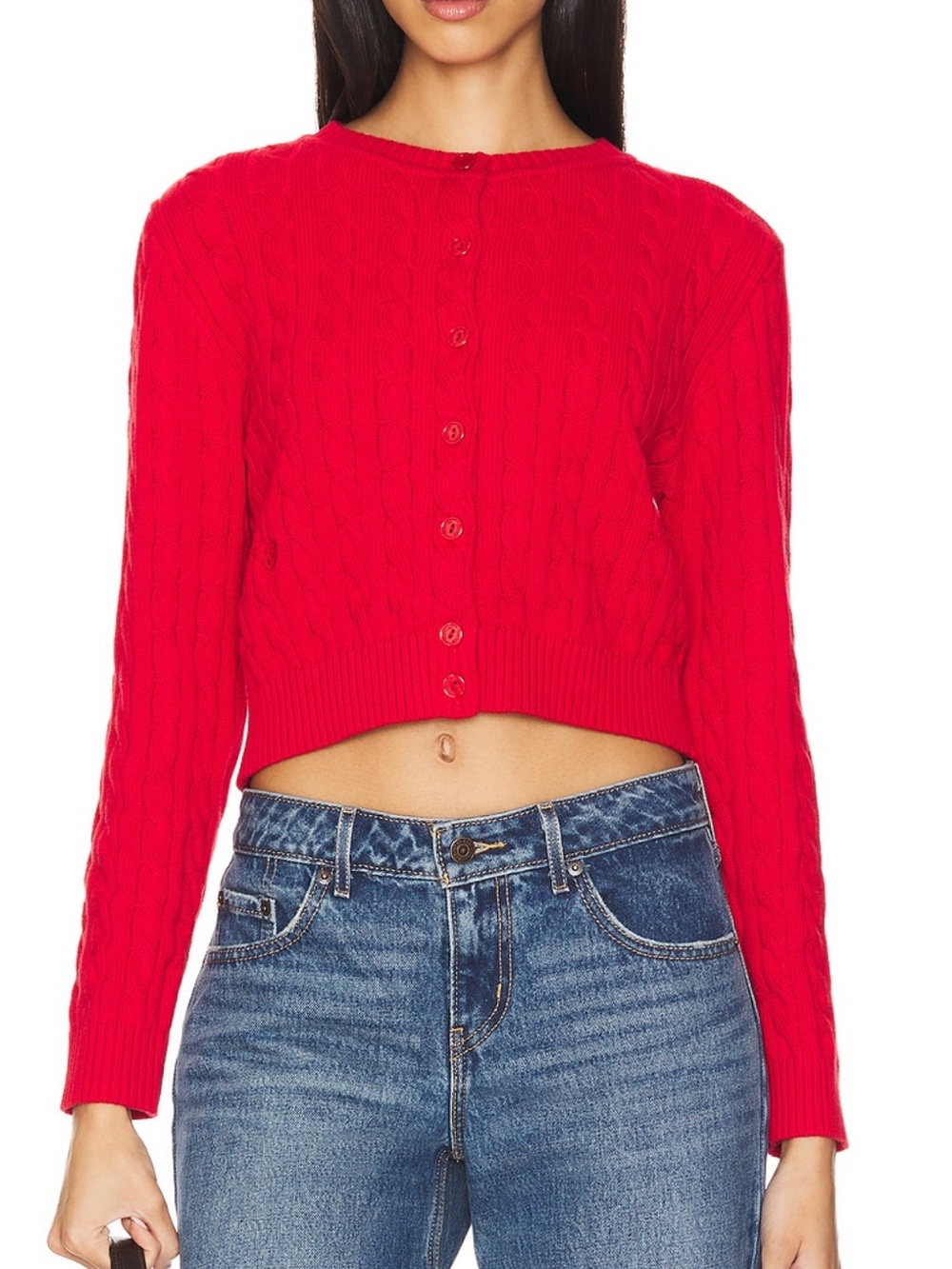 Frankie's Bikinis Red Cable Knit Cropped Cardigan